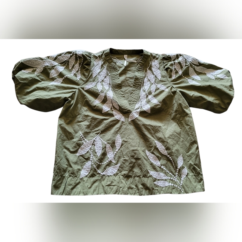 Pre-owned Anthropologie Puff-Sleeve Embroidered Blouse Top Women Sz M Green - Picture 2 of 9